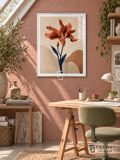 Desert Bloom NAT03 by FREMAT in a slim satin white PVC frame, with an even white printed border, subtle glazing reflections and furniture showing scale.
