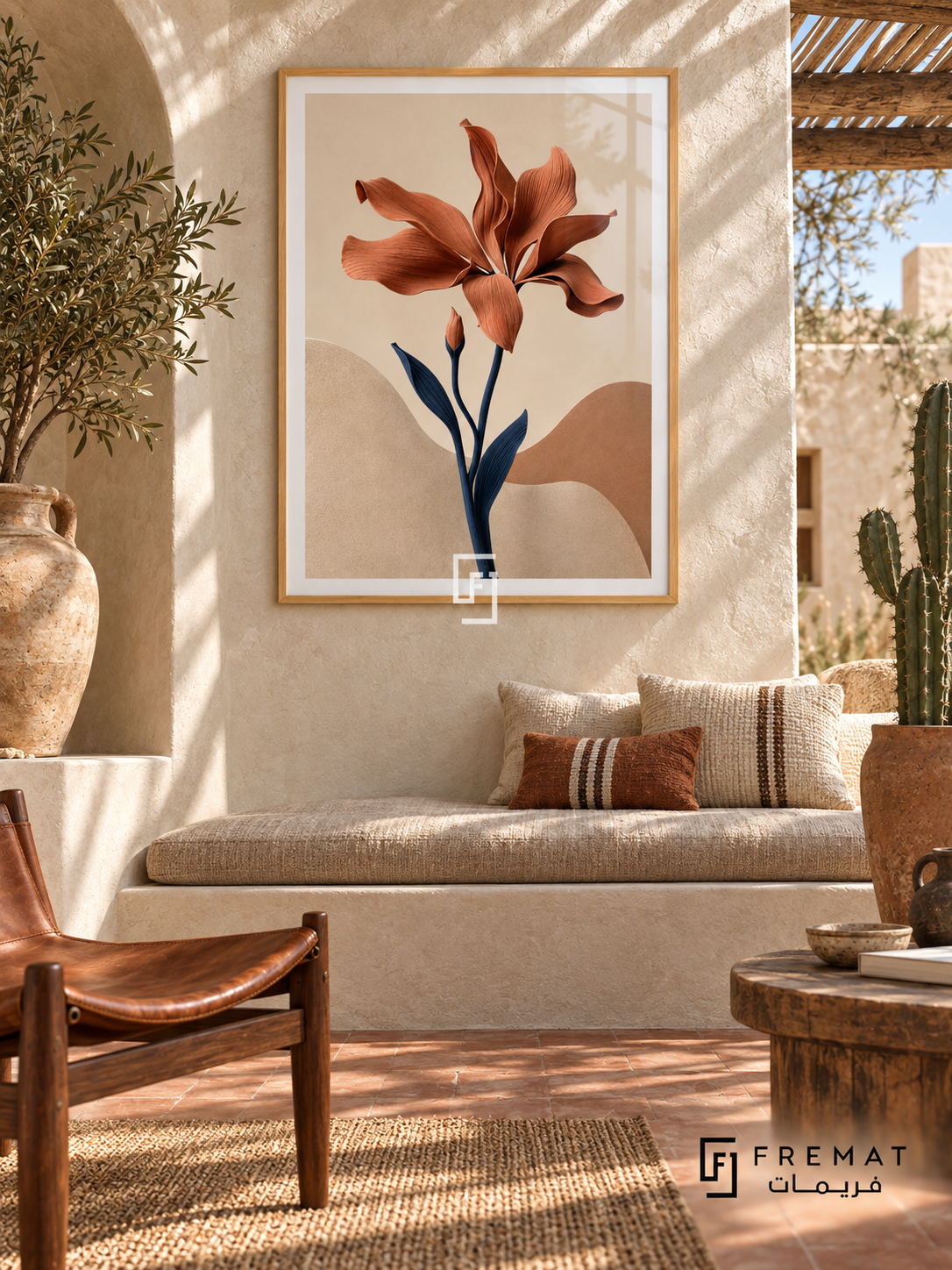 Desert Bloom NAT03 by FREMAT in a slim light wood-grain PVC frame, with an even white printed border, subtle glazing reflections and furniture showing scale.