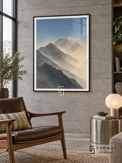 Mountain Mist NAT04 by FREMAT in a slim matte black PVC frame, with an even white printed border, subtle glazing reflections and furniture showing scale.