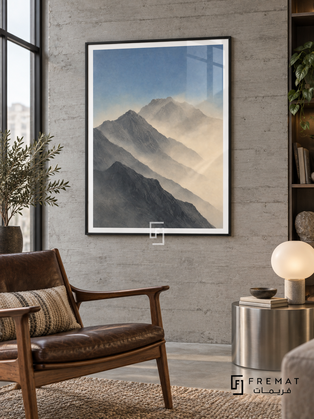 Mountain Mist NAT04 by FREMAT in a slim matte black PVC frame, with an even white printed border, subtle glazing reflections and furniture showing scale.