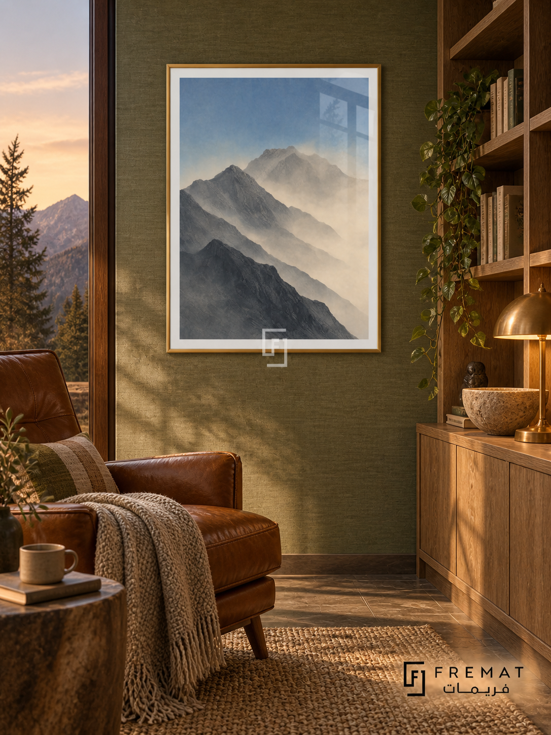 Mountain Mist NAT04 by FREMAT in a slim champagne gold PVC frame, with an even white printed border, subtle glazing reflections and furniture showing scale.