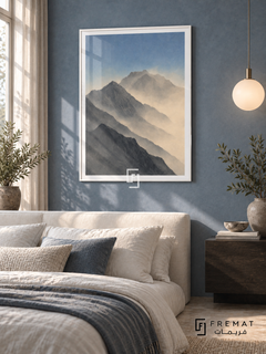Mountain Mist NAT04 by FREMAT in a slim satin white PVC frame, with an even white printed border, subtle glazing reflections and furniture showing scale.