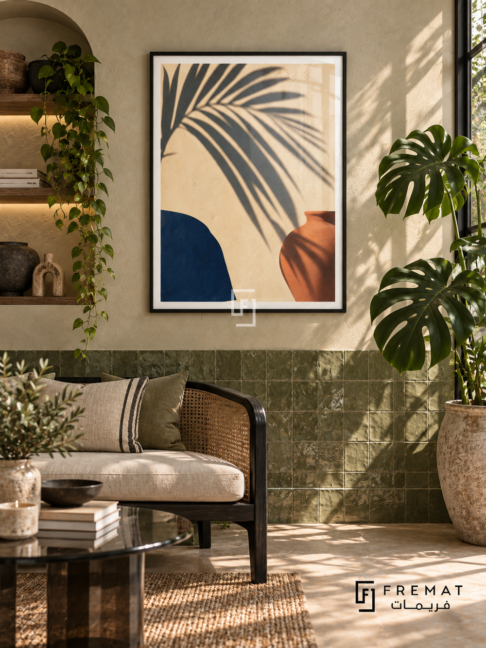 Palm Shadow NAT05 by FREMAT in a slim matte black PVC frame, with an even white printed border, subtle glazing reflections and furniture showing scale.