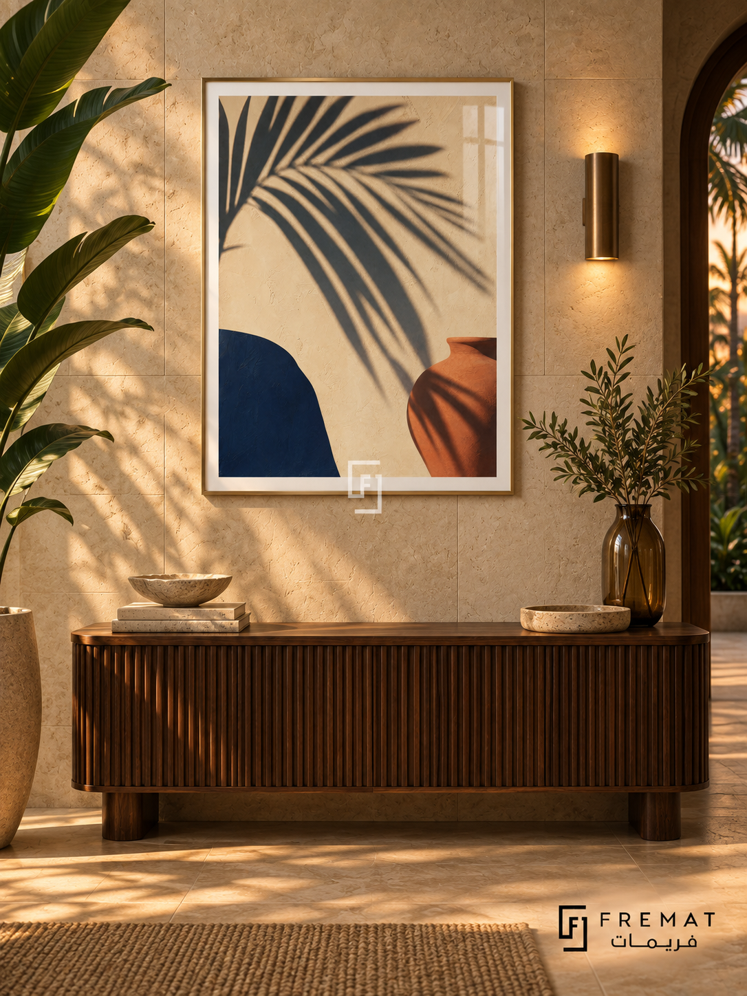 Palm Shadow NAT05 by FREMAT in a slim champagne gold PVC frame, with an even white printed border, subtle glazing reflections and furniture showing scale.