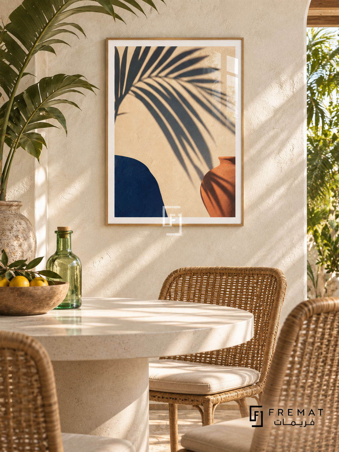 Palm Shadow NAT05 by FREMAT in a slim light wood-grain PVC frame, with an even white printed border, subtle glazing reflections and furniture showing scale.