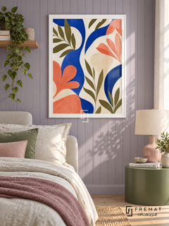 Abstract Garden NAT06 by FREMAT in a slim satin white PVC frame, with an even white printed border, subtle glazing reflections and furniture showing scale.