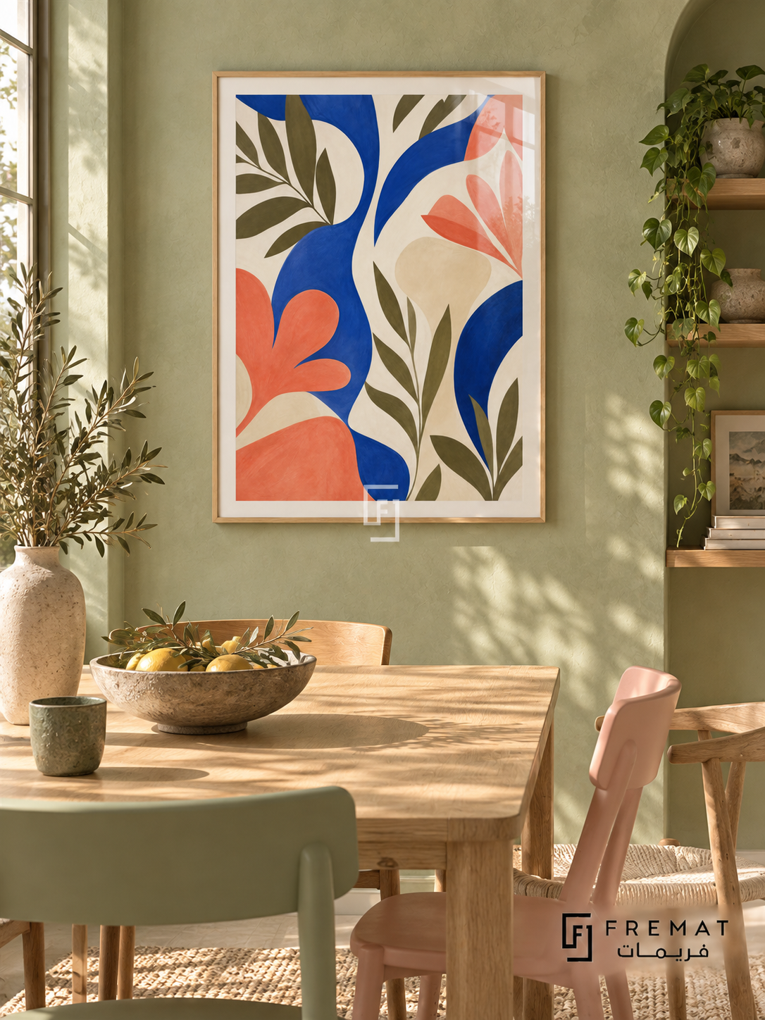 Abstract Garden NAT06 by FREMAT in a slim light wood-grain PVC frame, with an even white printed border, subtle glazing reflections and furniture showing scale.