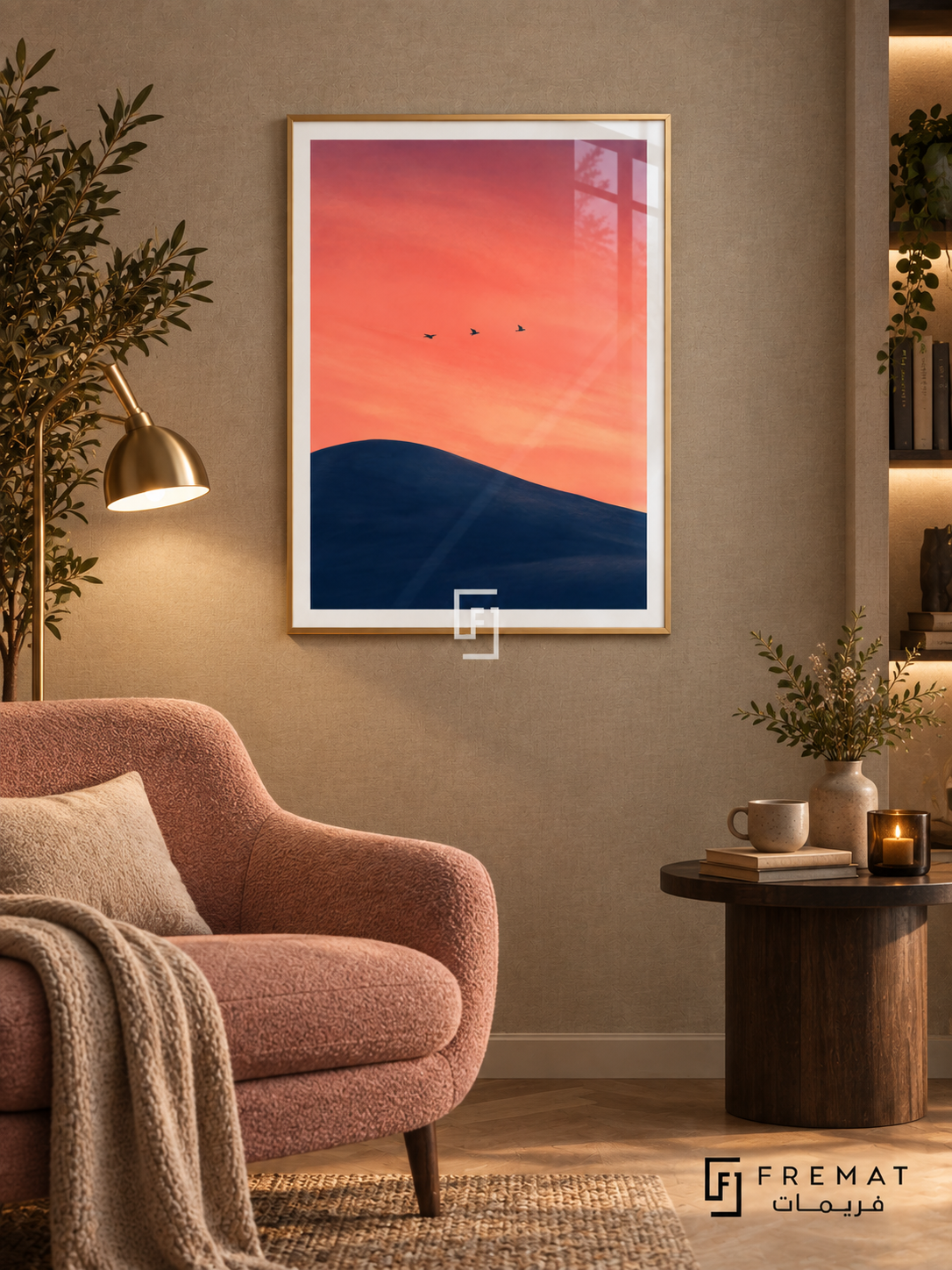 Birds at Dusk NAT07 by FREMAT in a slim champagne gold PVC frame, with an even white printed border, subtle glazing reflections and furniture showing scale.