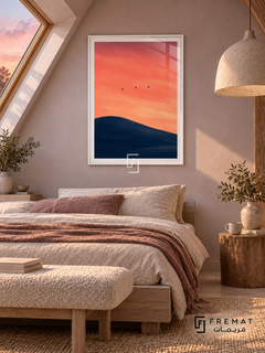 Birds at Dusk NAT07 by FREMAT in a slim satin white PVC frame, with an even white printed border, subtle glazing reflections and furniture showing scale.