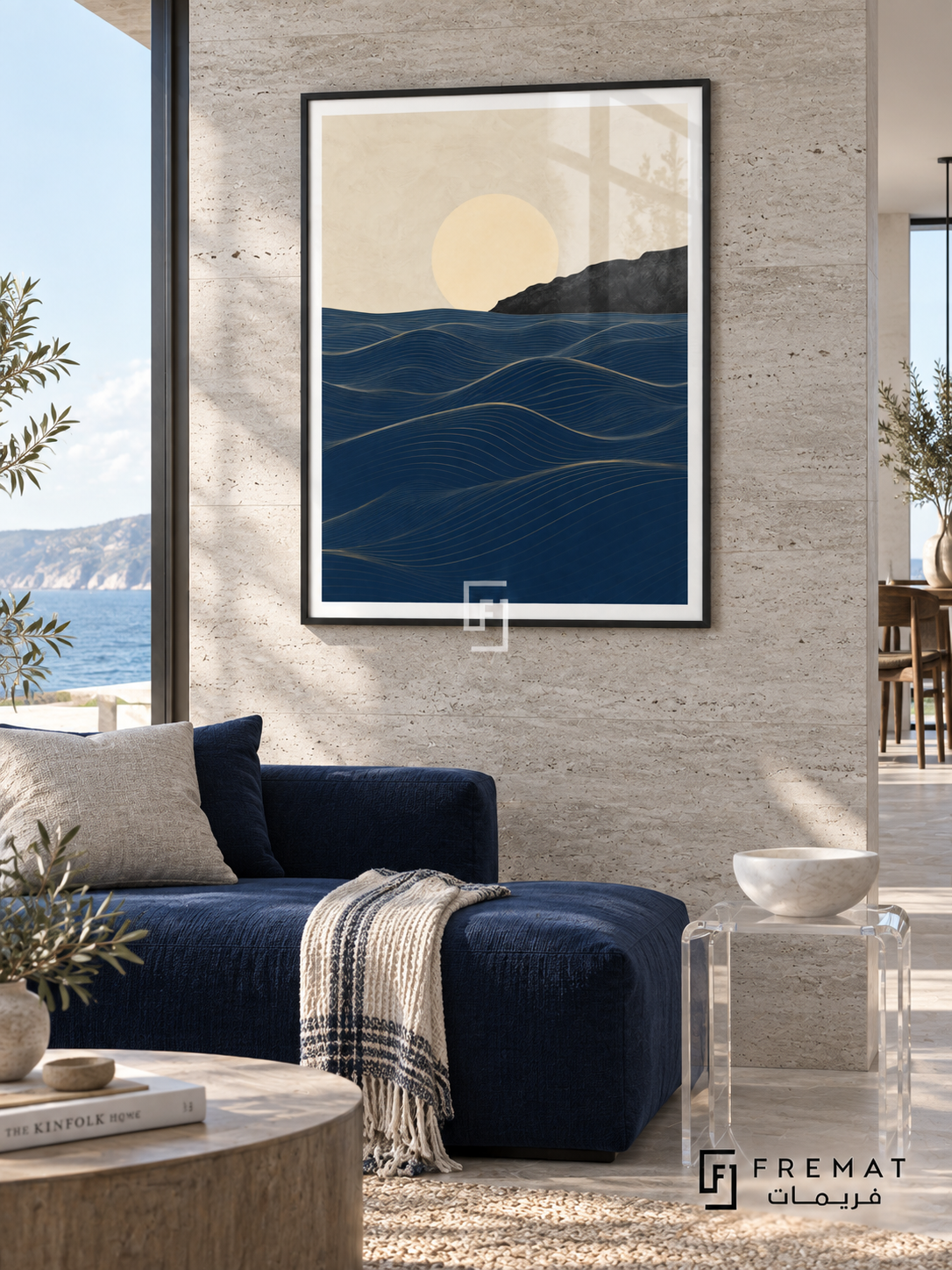 Ocean Lines NAT08 by FREMAT in a slim matte black PVC frame, with an even white printed border, subtle glazing reflections and furniture showing scale.