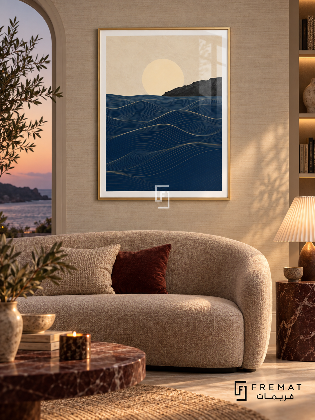 Ocean Lines NAT08 by FREMAT in a slim champagne gold PVC frame, with an even white printed border, subtle glazing reflections and furniture showing scale.