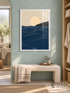 Ocean Lines NAT08 by FREMAT in a slim satin white PVC frame, with an even white printed border, subtle glazing reflections and furniture showing scale.