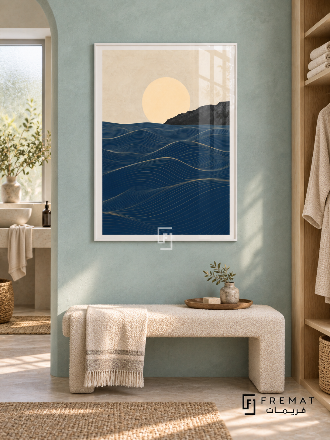 Ocean Lines NAT08 by FREMAT in a slim satin white PVC frame, with an even white printed border, subtle glazing reflections and furniture showing scale.