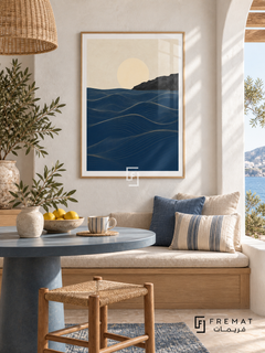 Ocean Lines NAT08 by FREMAT in a slim light wood-grain PVC frame, with an even white printed border, subtle glazing reflections and furniture showing scale.