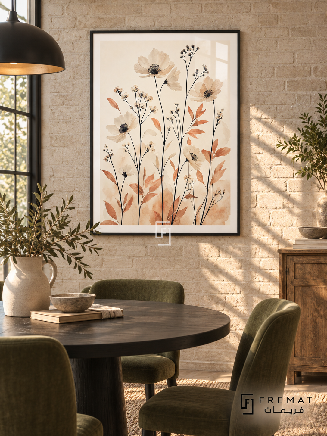 Wildflower NAT09 by FREMAT in a slim matte black PVC frame, with an even white printed border, subtle glazing reflections and furniture showing scale.