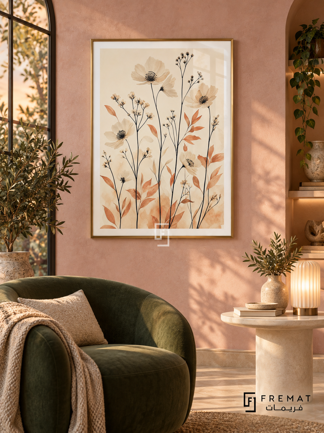 Wildflower NAT09 by FREMAT in a slim champagne gold PVC frame, with an even white printed border, subtle glazing reflections and furniture showing scale.