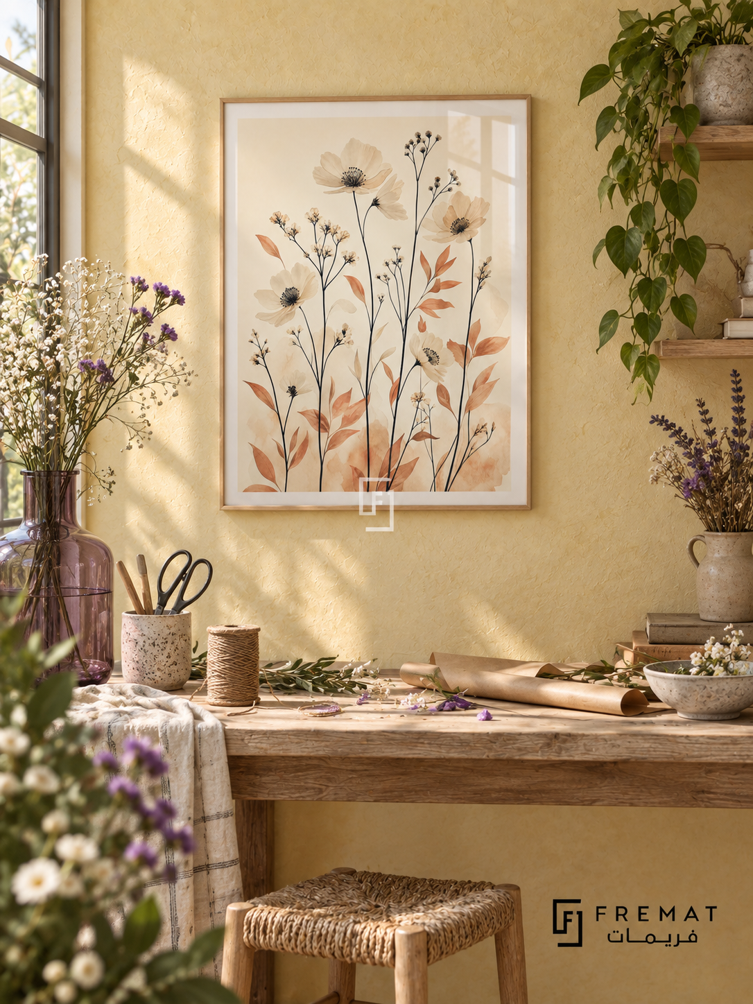 Wildflower NAT09 by FREMAT in a slim light wood-grain PVC frame, with an even white printed border, subtle glazing reflections and furniture showing scale.