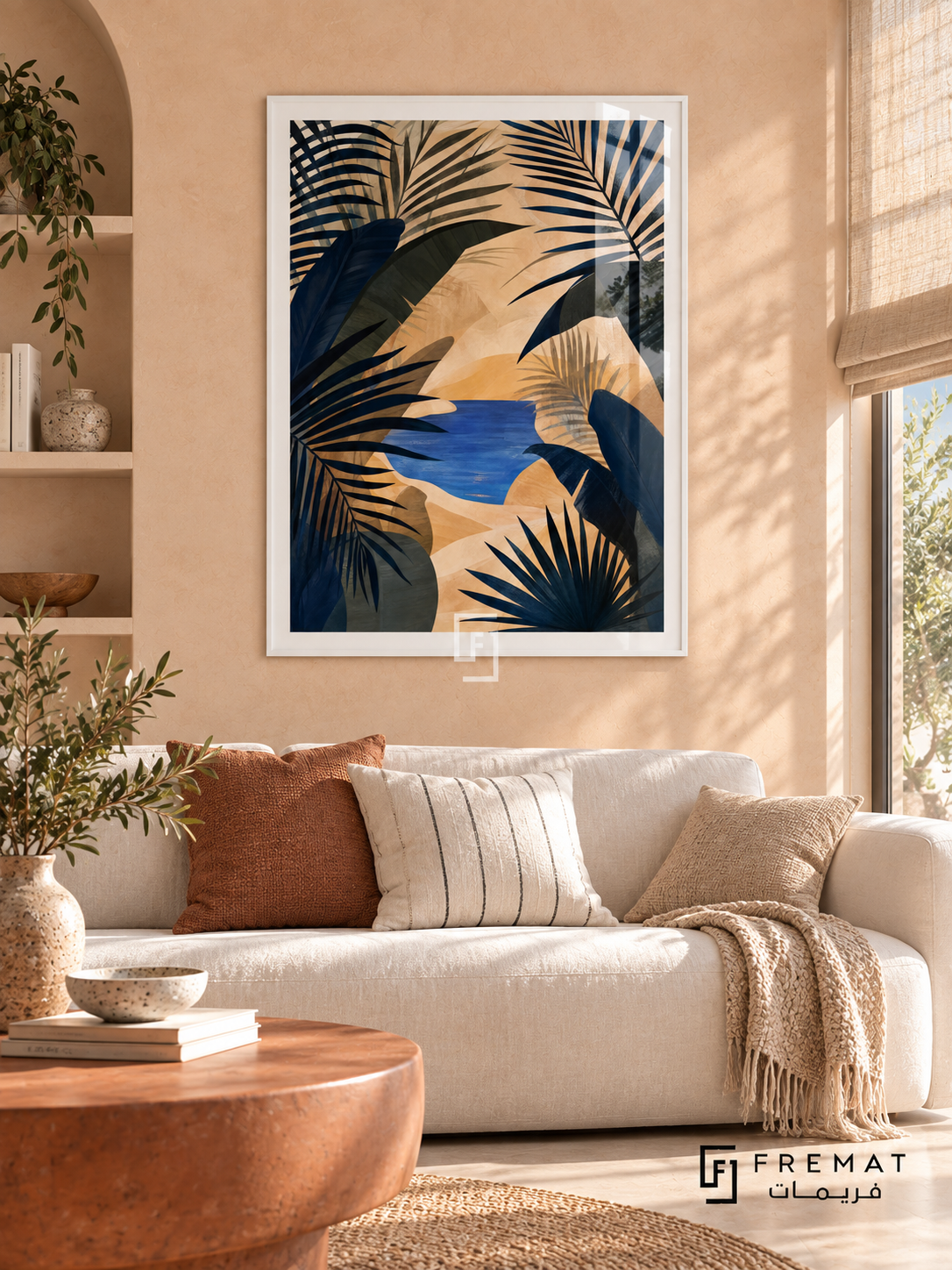 Oasis Leaves NAT10 by FREMAT in a slim satin white PVC frame, with an even white printed border, subtle glazing reflections and furniture showing scale.