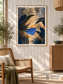 Oasis Leaves NAT10 by FREMAT in a slim light wood-grain PVC frame, with an even white printed border, subtle glazing reflections and furniture showing scale.