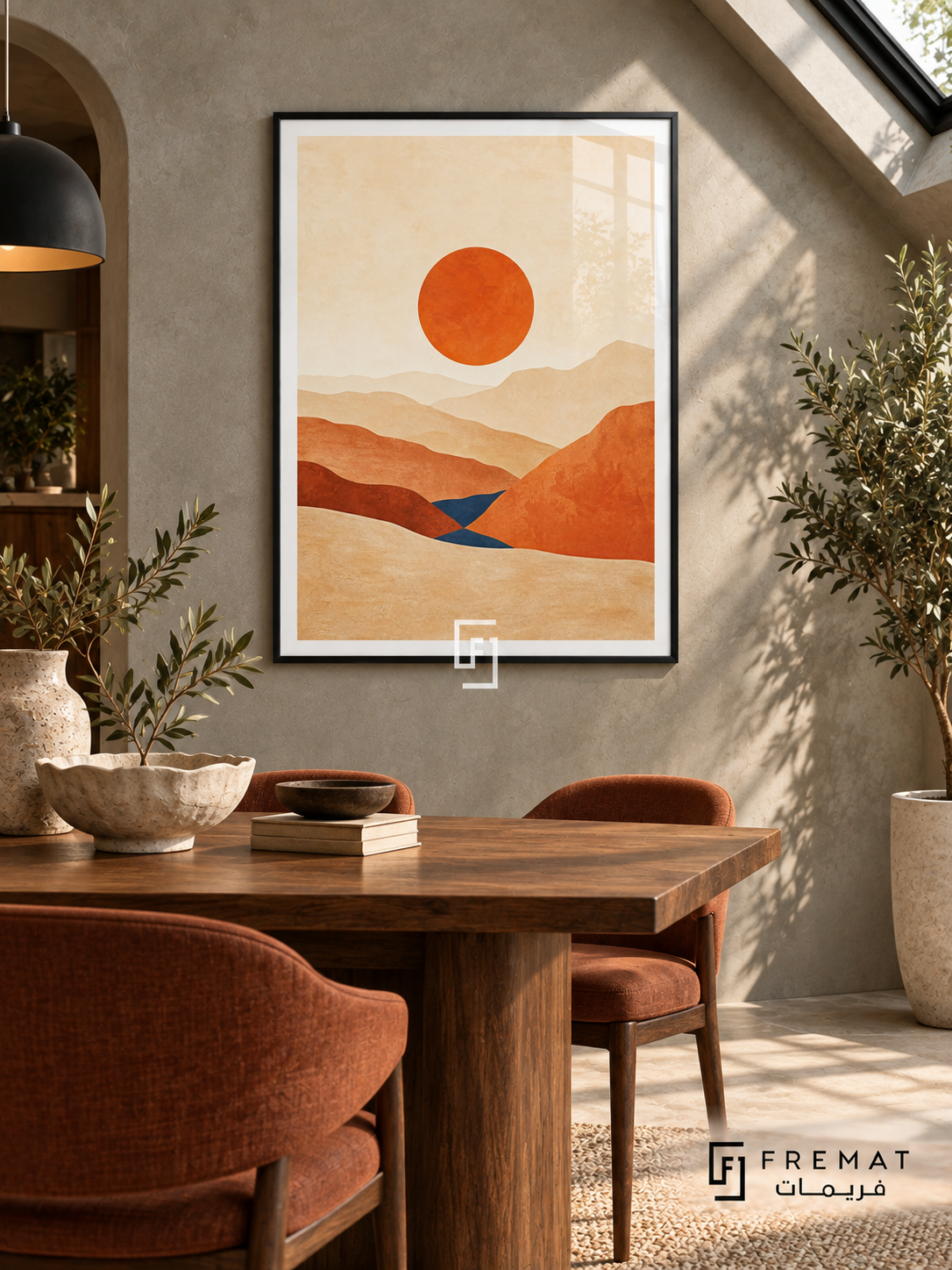 Desert Horizon NAT11 by FREMAT in a slim matte black PVC frame, with an even white printed border, subtle glazing reflections and furniture showing scale.