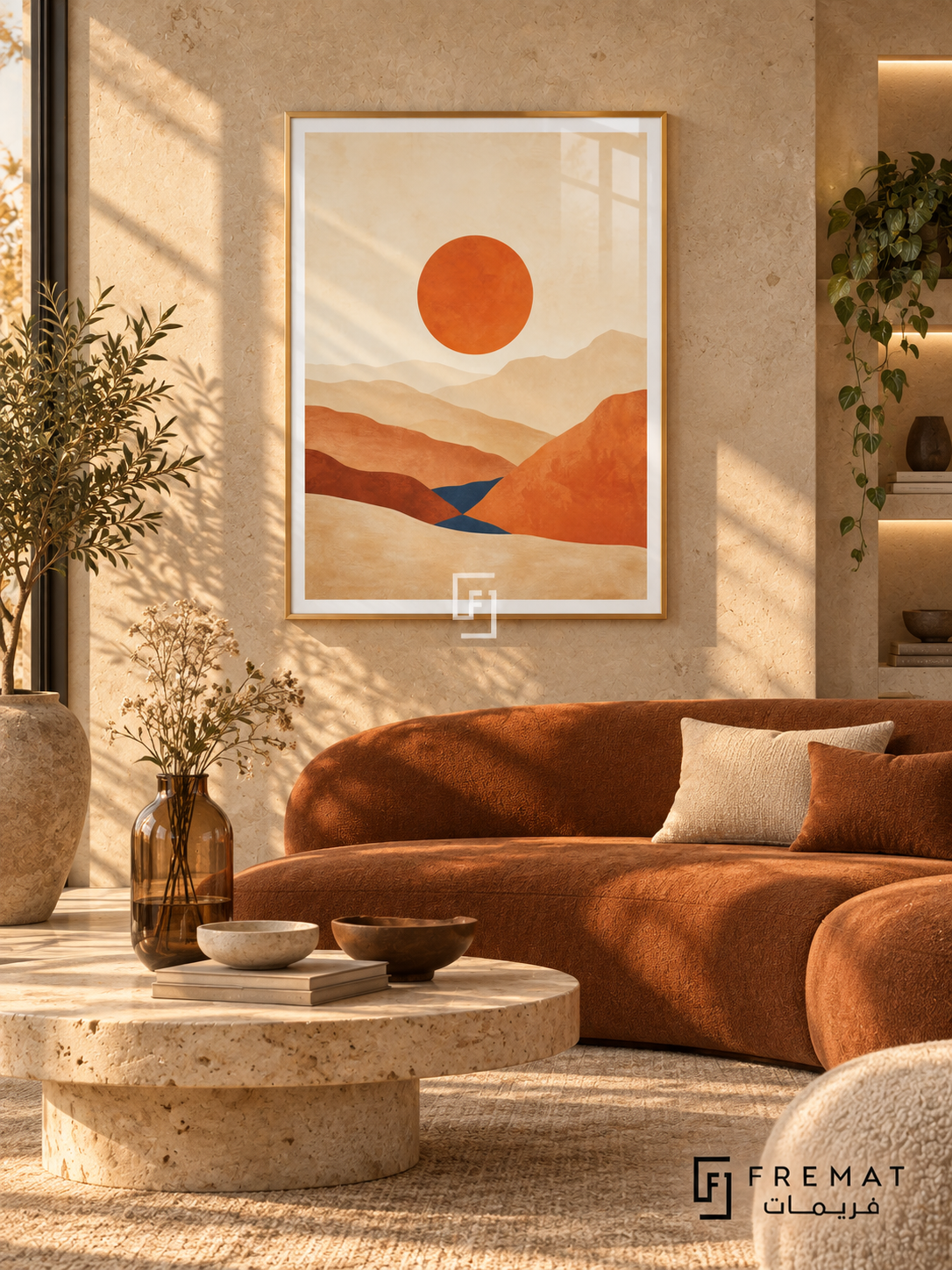 Desert Horizon NAT11 by FREMAT in a slim champagne gold PVC frame, with an even white printed border, subtle glazing reflections and furniture showing scale.