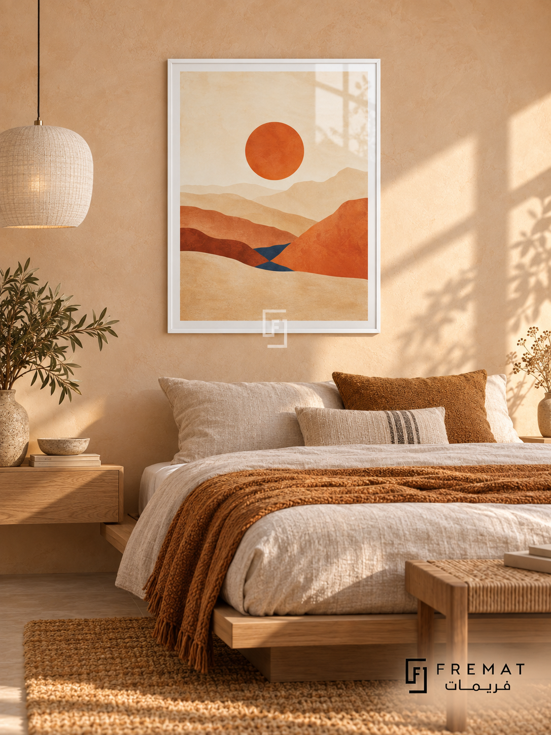 Desert Horizon NAT11 by FREMAT in a slim satin white PVC frame, with an even white printed border, subtle glazing reflections and furniture showing scale.