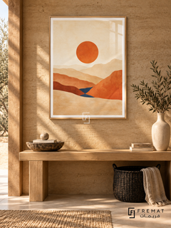 Desert Horizon NAT11 by FREMAT in a slim light wood-grain PVC frame, with an even white printed border, subtle glazing reflections and furniture showing scale.
