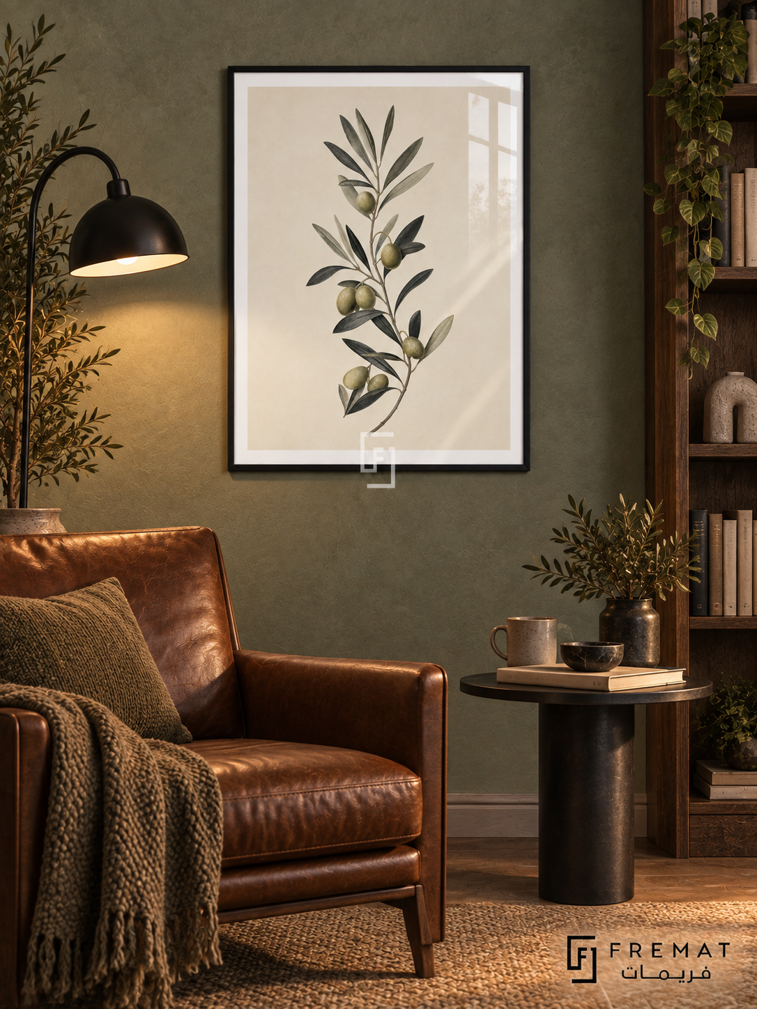 Olive Branch NAT12 by FREMAT in a slim matte black PVC frame, with an even white printed border, subtle glazing reflections and furniture showing scale.