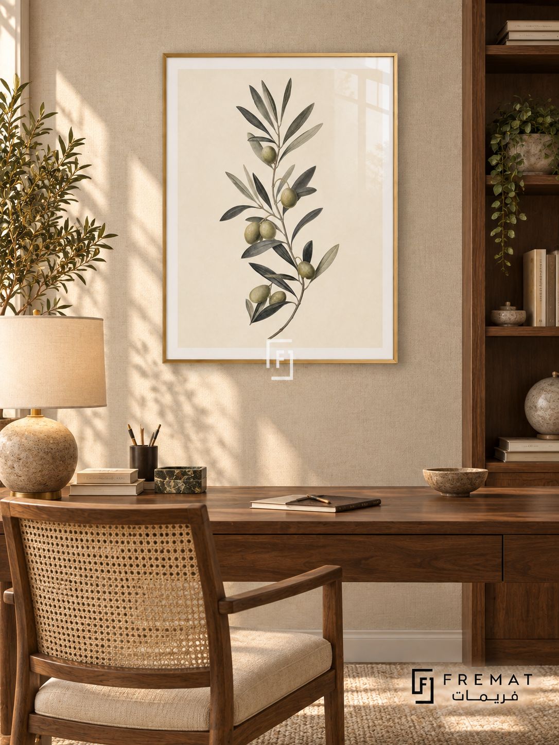 Olive Branch NAT12 by FREMAT in a slim champagne gold PVC frame, with an even white printed border, subtle glazing reflections and furniture showing scale.