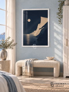 Moonlit Coast NAT13 by FREMAT in a slim satin white PVC frame, with an even white printed border, subtle glazing reflections and furniture showing scale.