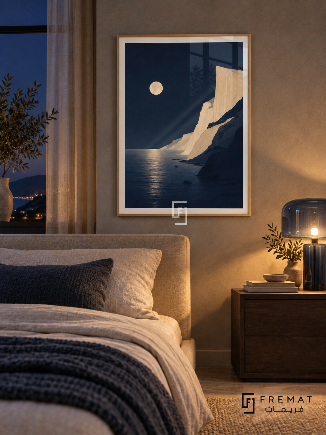 Moonlit Coast NAT13 by FREMAT in a slim light wood-grain PVC frame, with an even white printed border, subtle glazing reflections and furniture showing scale.