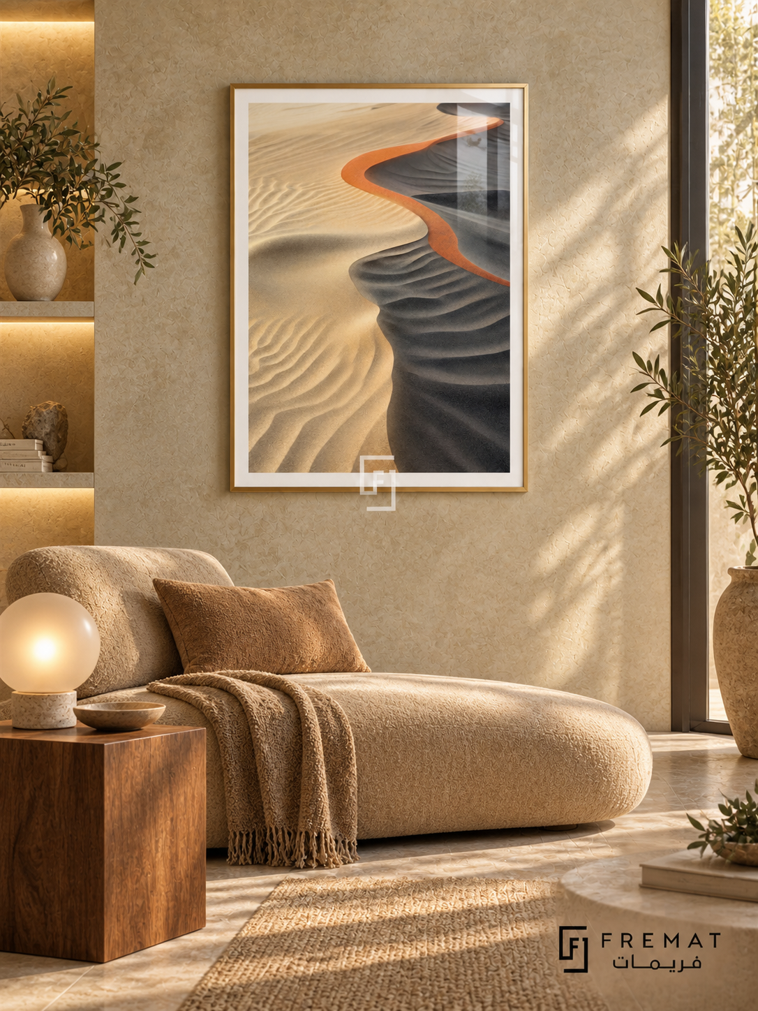 Sand Ripple NAT14 by FREMAT in a slim champagne gold PVC frame, with an even white printed border, subtle glazing reflections and furniture showing scale.