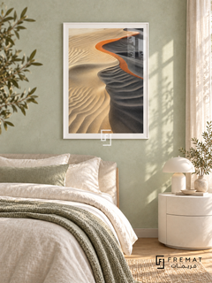 Sand Ripple NAT14 by FREMAT in a slim satin white PVC frame, with an even white printed border, subtle glazing reflections and furniture showing scale.