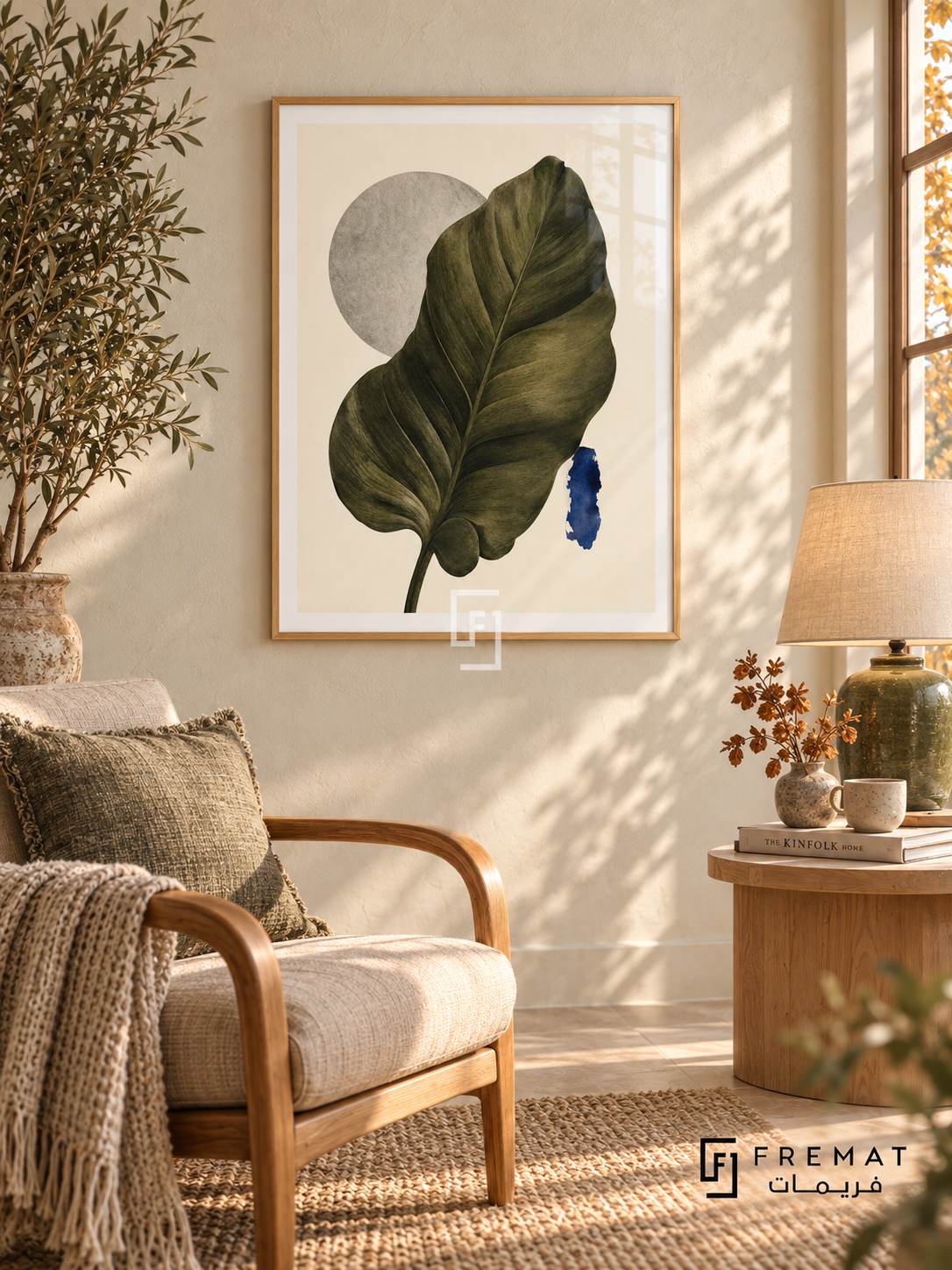Leaf Study NAT15 by FREMAT in a slim light wood-grain PVC frame, with an even white printed border, subtle glazing reflections and furniture showing scale.