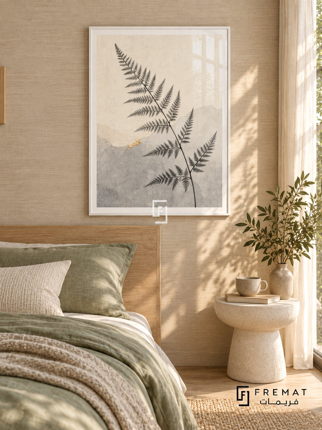 Fern Silhouette NAT16 by FREMAT in a slim satin white PVC frame, with an even white printed border, subtle glazing reflections and furniture showing scale.