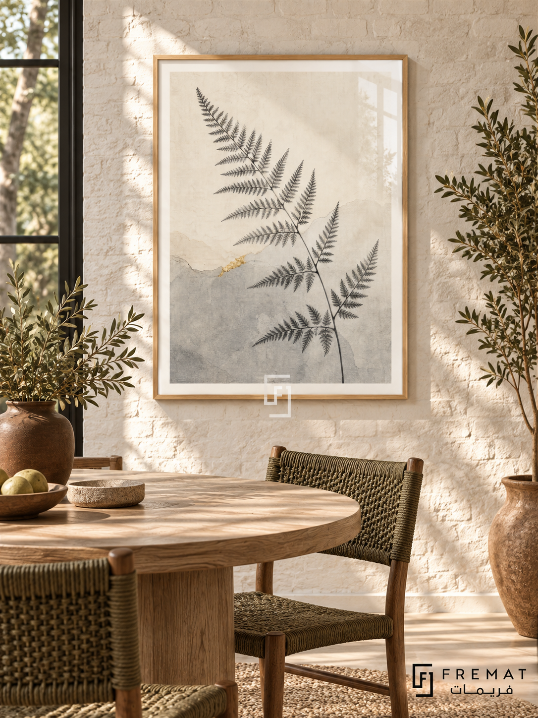 Fern Silhouette NAT16 by FREMAT in a slim light wood-grain PVC frame, with an even white printed border, subtle glazing reflections and furniture showing scale.