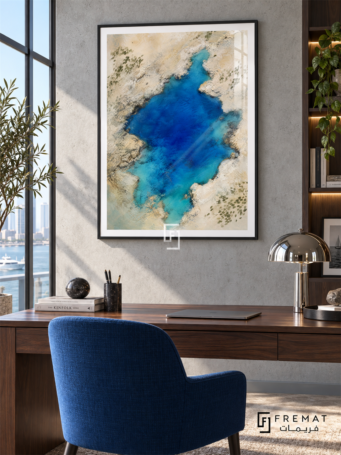 Blue Lagoon NAT17 by FREMAT in a slim matte black PVC frame, with an even white printed border, subtle glazing reflections and furniture showing scale.