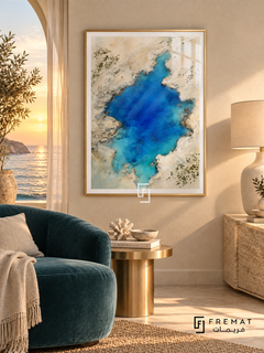 Blue Lagoon NAT17 by FREMAT in a slim champagne gold PVC frame, with an even white printed border, subtle glazing reflections and furniture showing scale.