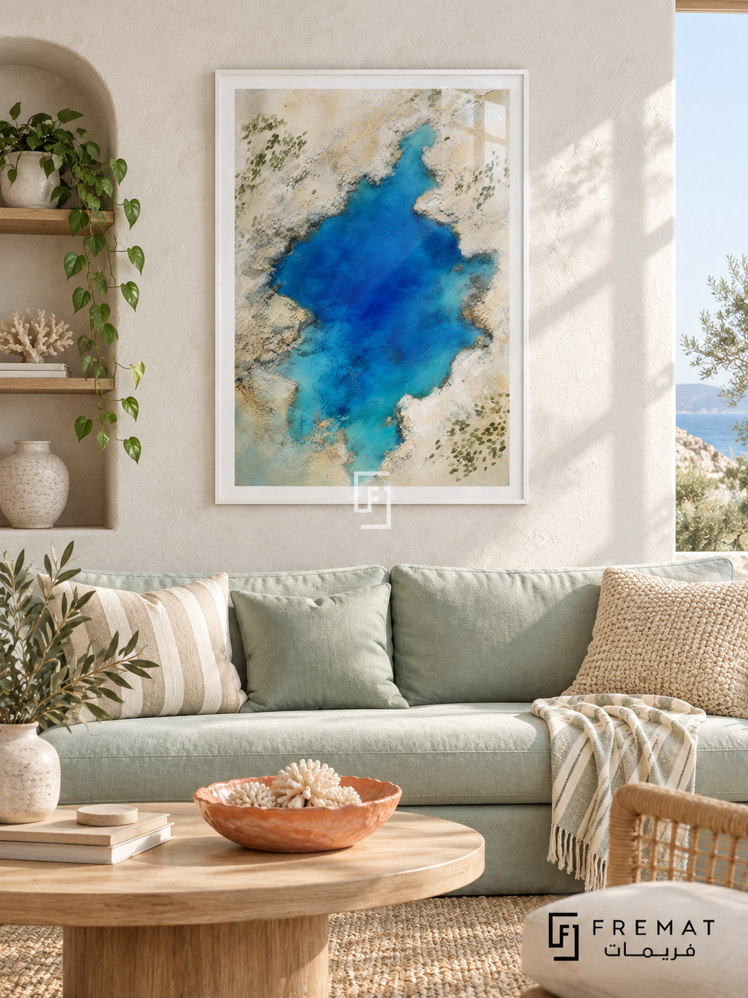 Blue Lagoon NAT17 by FREMAT in a slim satin white PVC frame, with an even white printed border, subtle glazing reflections and furniture showing scale.