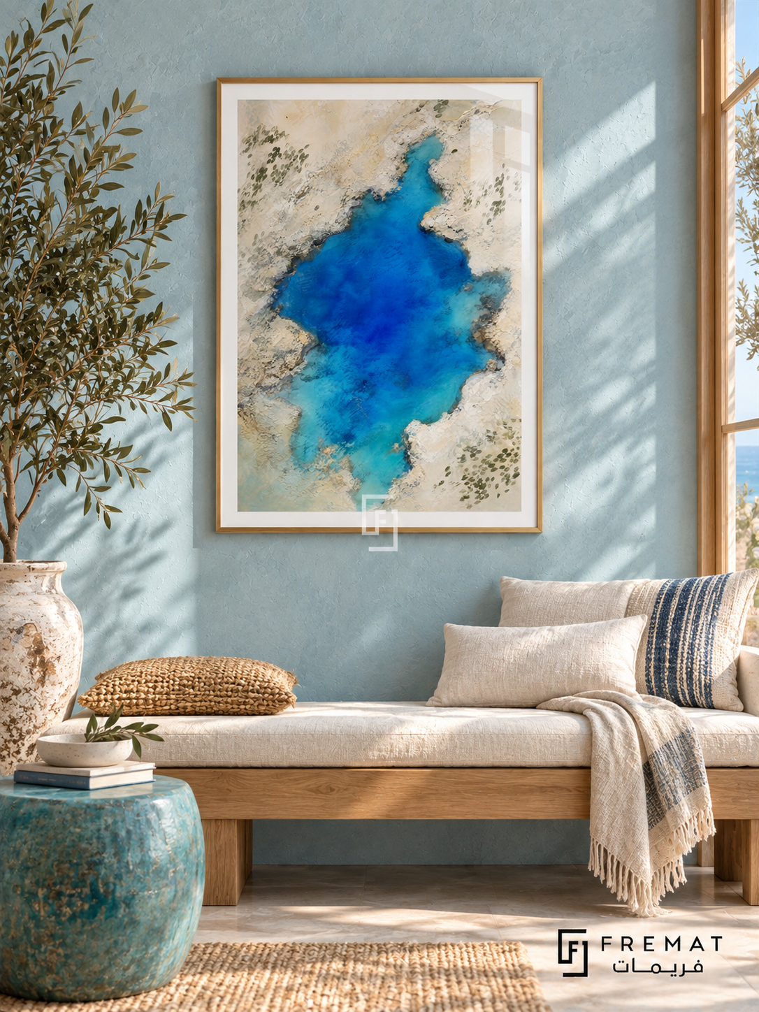 Blue Lagoon NAT17 by FREMAT in a slim light wood-grain PVC frame, with an even white printed border, subtle glazing reflections and furniture showing scale.