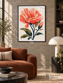 Coral Bloom NAT18 by FREMAT in a slim matte black PVC frame, with an even white printed border, subtle glazing reflections and furniture showing scale.