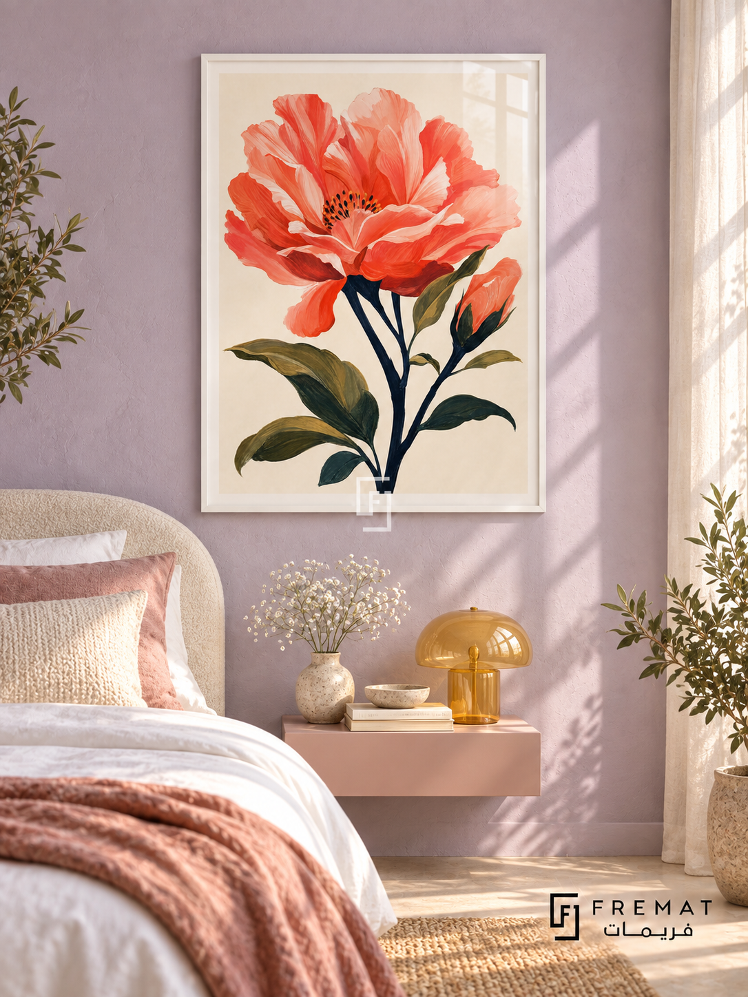 Coral Bloom NAT18 by FREMAT in a slim satin white PVC frame, with an even white printed border, subtle glazing reflections and furniture showing scale.