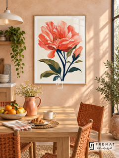 Coral Bloom NAT18 by FREMAT in a slim light wood-grain PVC frame, with an even white printed border, subtle glazing reflections and furniture showing scale.