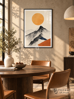 Mountain Sun NAT19 by FREMAT in a slim matte black PVC frame, with an even white printed border, subtle glazing reflections and furniture showing scale.