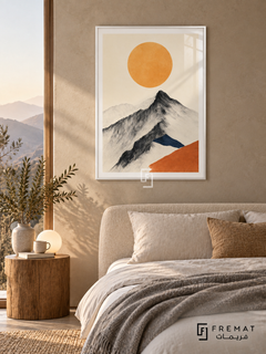 Mountain Sun NAT19 by FREMAT in a slim satin white PVC frame, with an even white printed border, subtle glazing reflections and furniture showing scale.