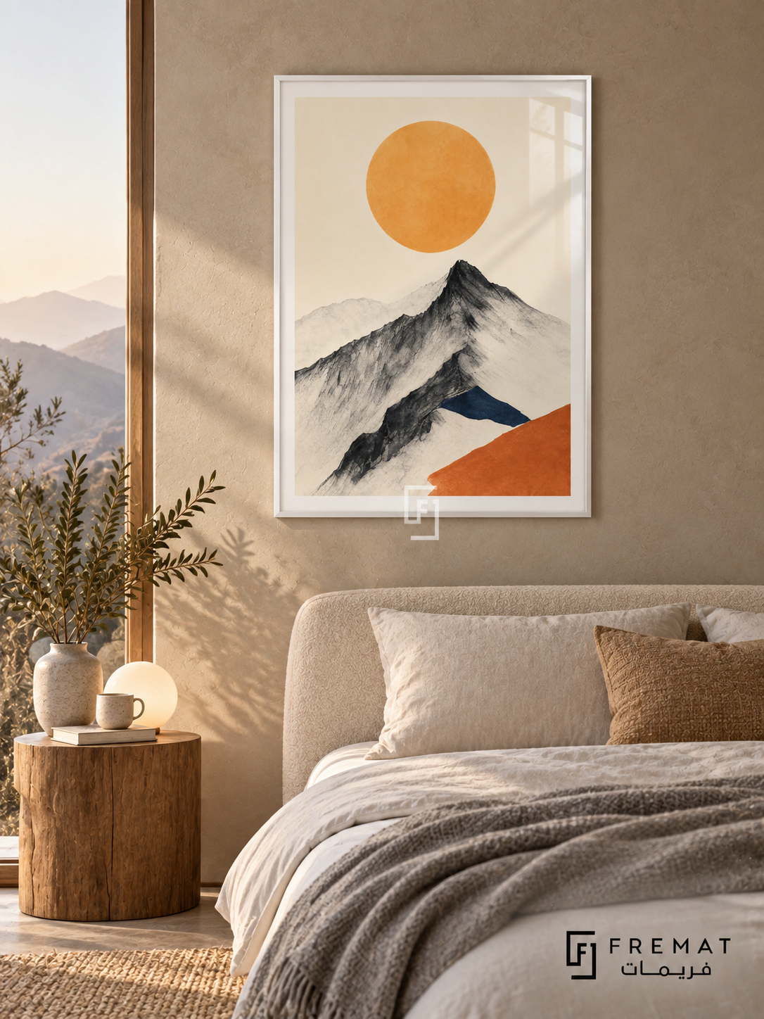 Mountain Sun NAT19 by FREMAT in a slim satin white PVC frame, with an even white printed border, subtle glazing reflections and furniture showing scale.