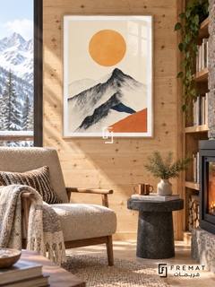 Mountain Sun NAT19 by FREMAT in a slim light wood-grain PVC frame, with an even white printed border, subtle glazing reflections and furniture showing scale.