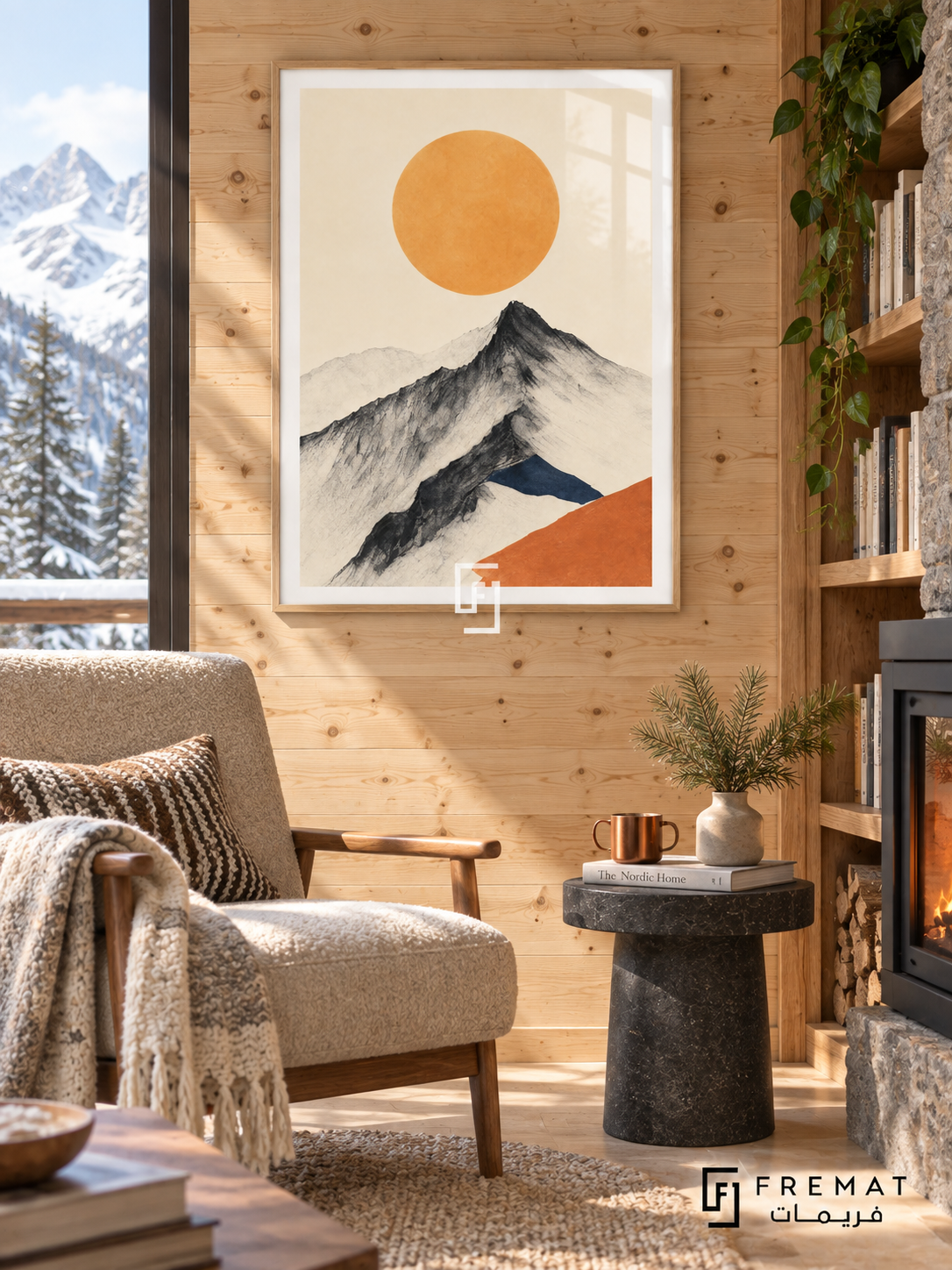 Mountain Sun NAT19 by FREMAT in a slim light wood-grain PVC frame, with an even white printed border, subtle glazing reflections and furniture showing scale.