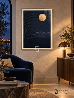 Night Palm NAT20 by FREMAT in a slim champagne gold PVC frame, with an even white printed border, subtle glazing reflections and furniture showing scale.