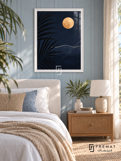 Night Palm NAT20 by FREMAT in a slim satin white PVC frame, with an even white printed border, subtle glazing reflections and furniture showing scale.